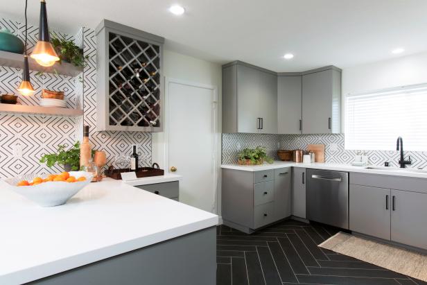 Gray Mid-Century Modern Kitchen with Black and White Tile Backsplash | HGTV