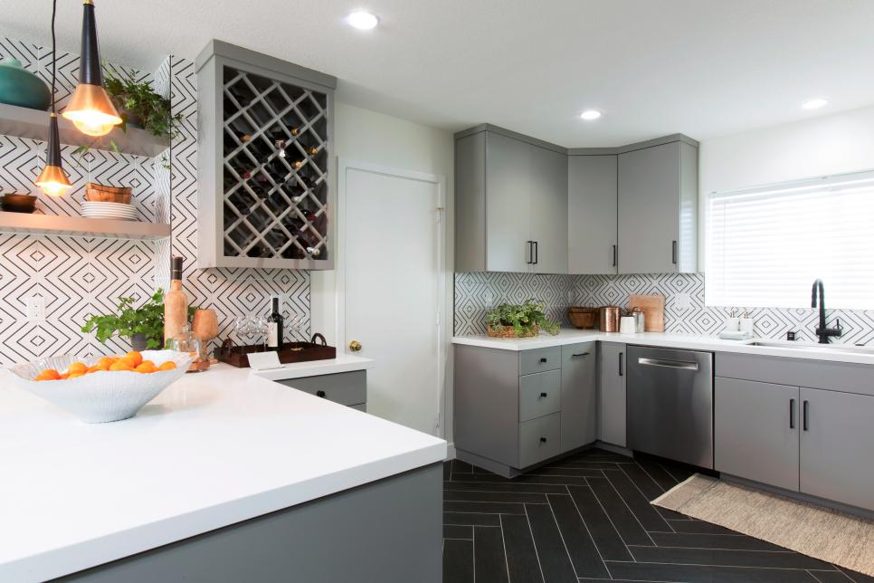 Gray Mid Century Modern Kitchen With, Mid Century Modern Tile Countertops