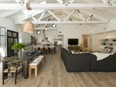 Neutral Rustic Dining Room and Living Room with Neutral Wood Floors 