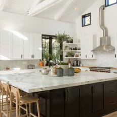 Modern White Kitchen with Large White Marble Island 