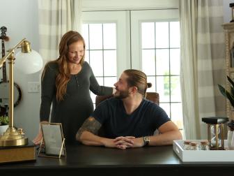 Mina and her husband Steve in the home office of their new home that Mina and her mom Karen build together for their growing family as see on Good Bones