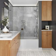 Gray Master Bathroom With Diamond Floor