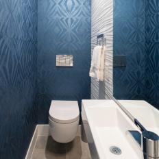 Powder Room With Navy Wallpaper 