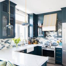 Blue Kitchen With Blue Pendants