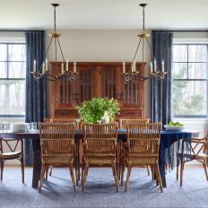 Blue Transitional Dining Room With Bamboo Chairs