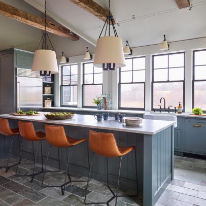 Transitional Chef Kitchen With Leather Stools