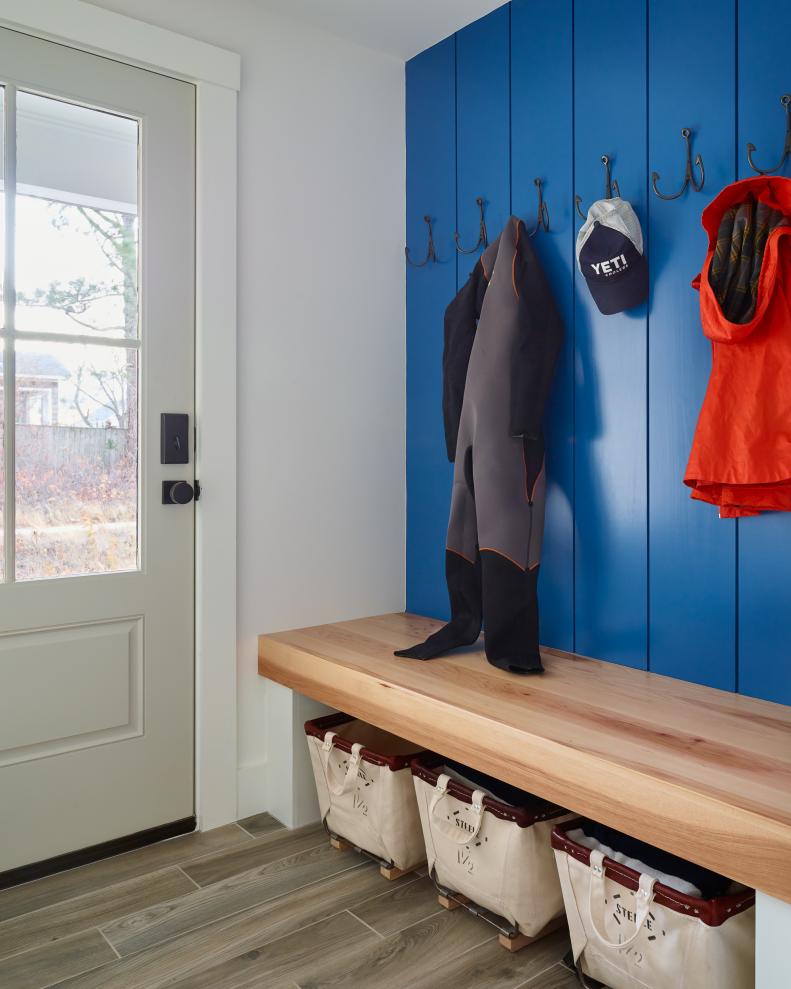Beach House Entry Mudroom With Bench, Hooks and Storage Bins