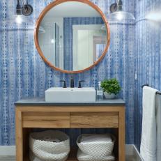 Watery Blue Wallpaper Evokes Look of Ocean in Beach House Bathroom