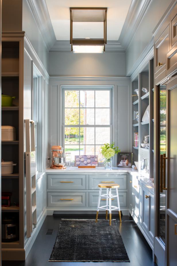 Butler S Pantry With Gray Cabinetry And White Countertop Hgtv