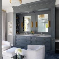 Master Bathroom Dual Vanity With White Sitting Area