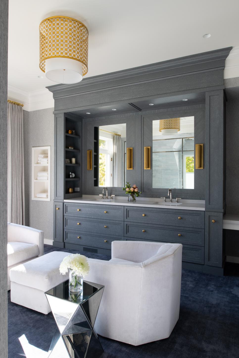 Master Bathroom Dual Vanity With White Sitting Area | HGTV