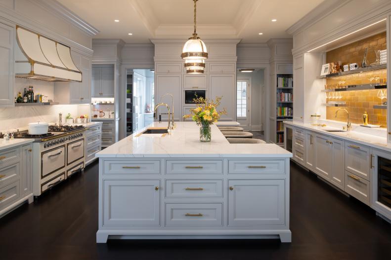 White Luxury Kitchen With Dual Oven Plus Huge Island With Prep Sink