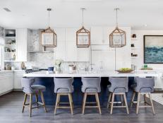Coastal Open Plan Kitchen With Gray Barstools
