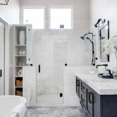 Black and White Spa Bathroom With White Orchid