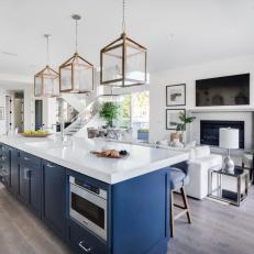 Gray Coastal Open Plan Kitchen With Blue Island