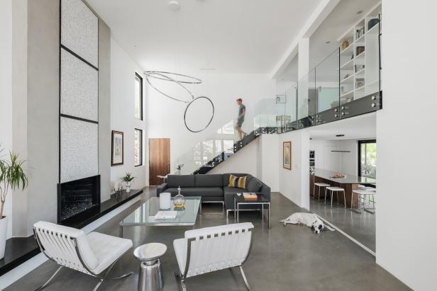 White, Modern Two-Story Living Room