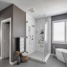Gray Contemporary Master Bathroom with Glass Shower