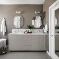 Gray Master Bathroom Vanity and Mirrored Door