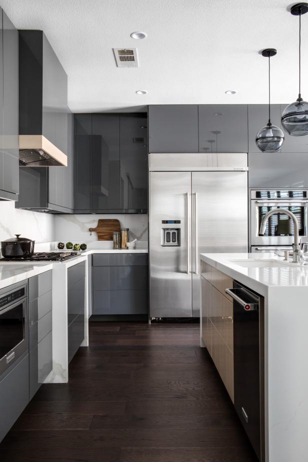 Contemporary Kitchen with Shiny Gray Cabinets | HGTV