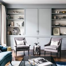 Elegant Living Room With Light Gray Built-Ins