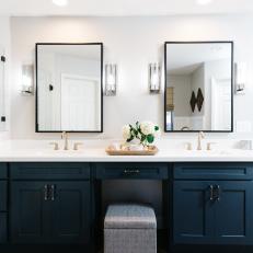 Transitional Master Bathroom With Dark Blue Vanity
