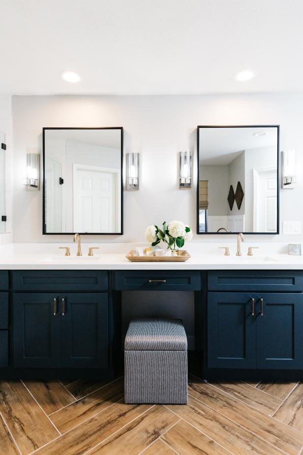 Transitional Master Bathroom With Dark Blue Vanity | HGTV