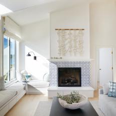 Coastal Living Room With Blue Fireplace