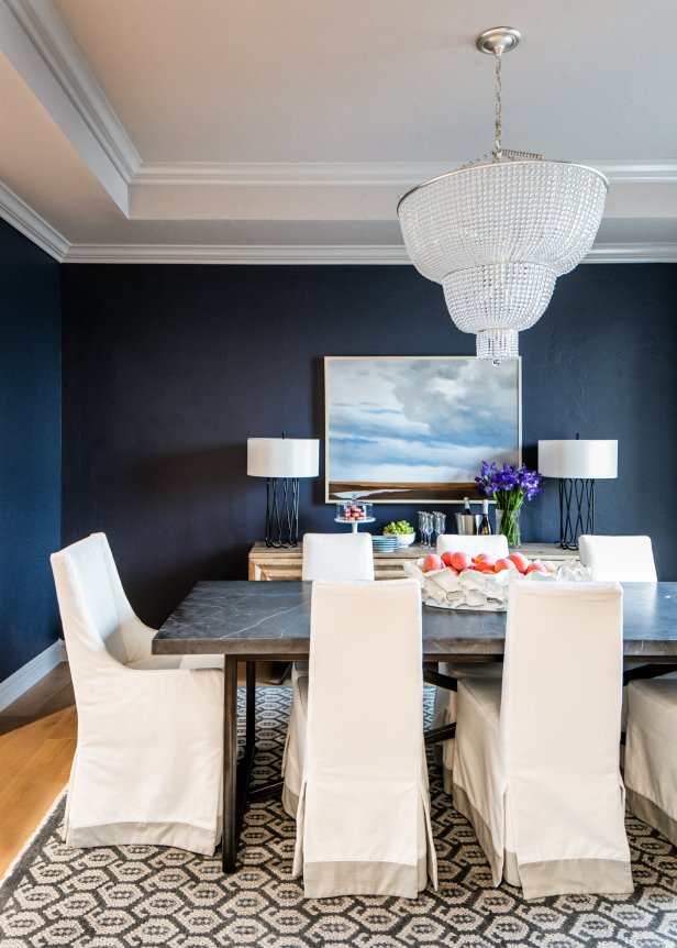 Navy Blue Dining Room with Glass Chandelier