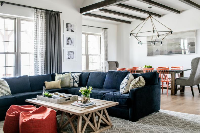 Living Room with Navy Sectional and Wood Coffee Table