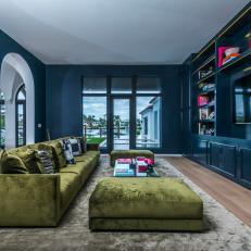 Media Room with Bright Olive Green Sofa
