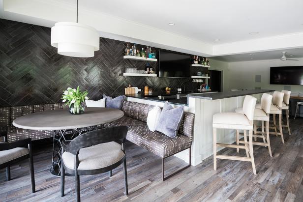 Black and White Bar and Dining Area with Sectional Seating 