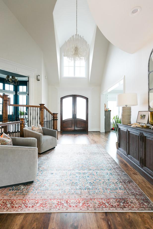 Vaulted Ceiling Entryway with Driftwood Chandelier | HGTV