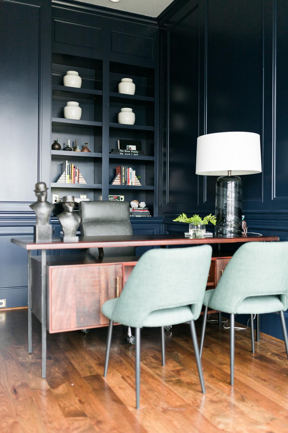 Modern Navy Blue Home Office with Exotic Wood Desk | HGTV