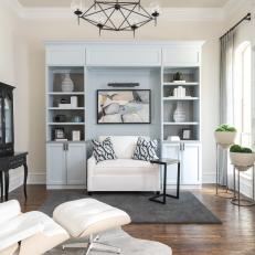 Glamorous Formal Living Room Features Baby Blue Built-Ins
