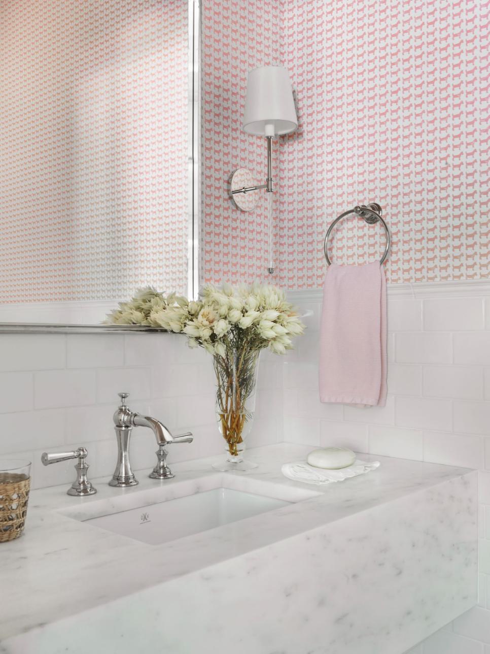 Pink Bathroom With Graphic Wallpaper | HGTV