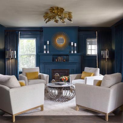 Blue Contemporary Living Room With Sun Mirror