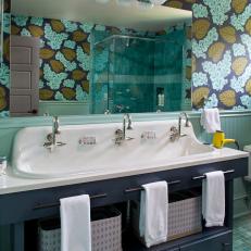 Blue Kid's Bathroom With Leaf Wallpaper
