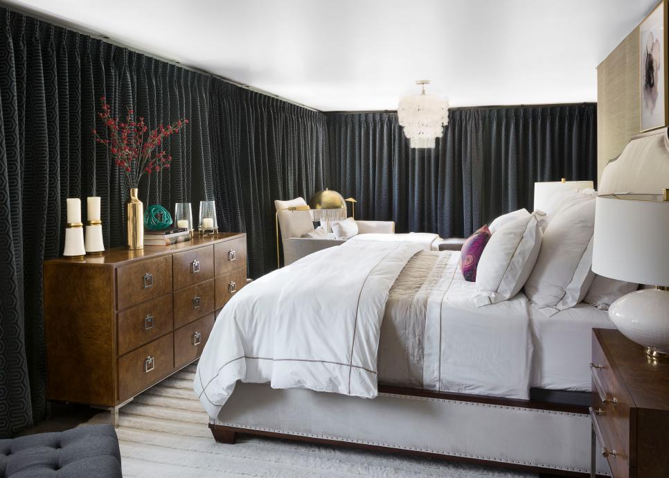 Contemporary Master Bedroom With Black, Black Curtains For Bedroom