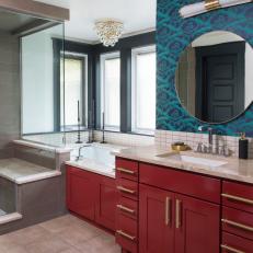 Eclectic Master Bathroom With Blue Wallpaper