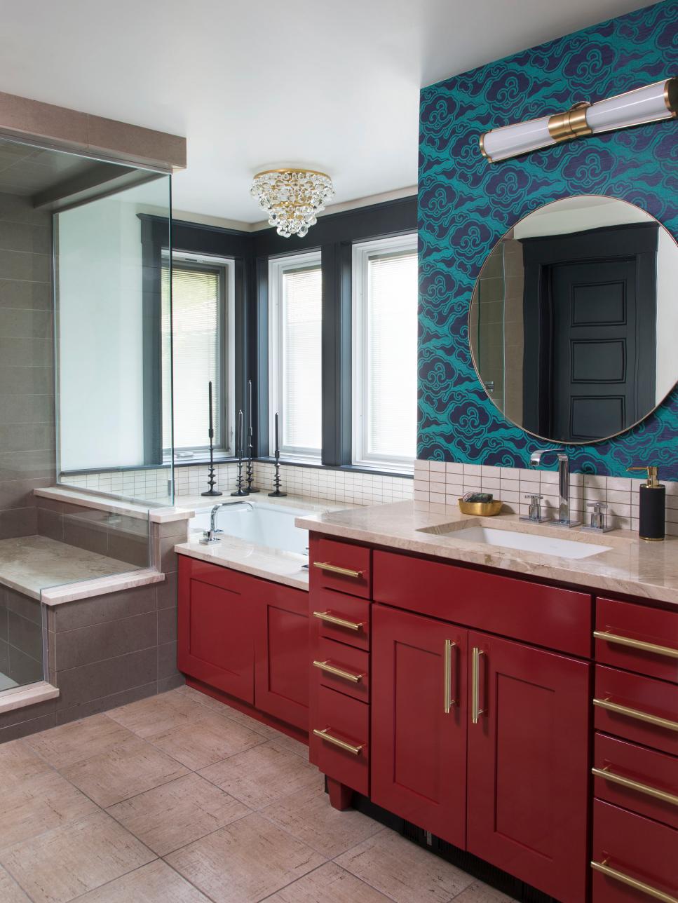 Eclectic Master Bathroom With Blue Wallpaper | HGTV