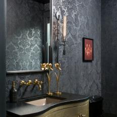 Gray Traditional Powder Room With Gold Vanity