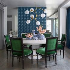 Blue Eclectic Dining Room With Green Chairs