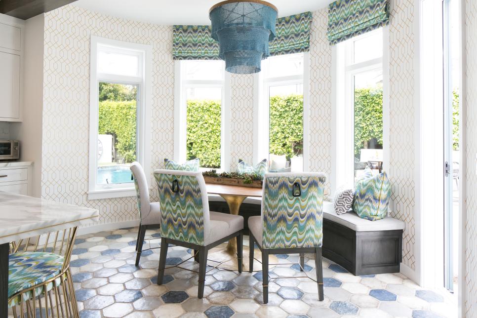 Blue Breakfast Nook With Striped Shade