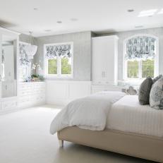 White Cottage Bedroom With Tan Bed