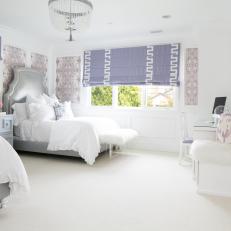 White Cottage Bedroom With Purple Shades