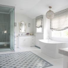 Gray and White Spa Bathroom With Shades