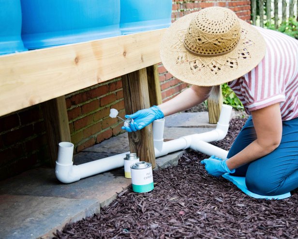 Use PVC cement to glue the piping into place at connectors under the stand.