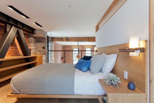Modern Loft Master Bedroom with Oak Floating Shelves