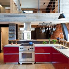 Modern Loft Kitchen with Red Lacquered Cabinetry 