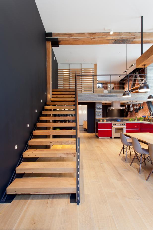 Loft Stairwell With Open Risers And Exposed Beam Ceiling Hgtv